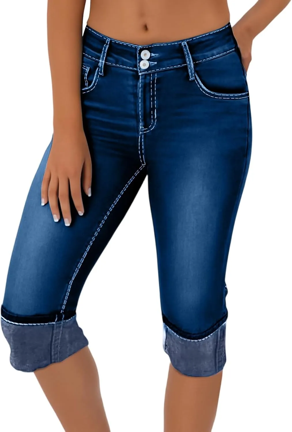 Denim Capri Pants for Women Skinny Ripped Low Rise Jeans with Pockets Casual Skinny Crop Denim Pants with Pockets