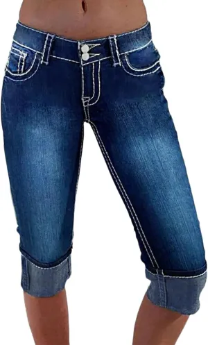Denim Capri Pants for Women Skinny Ripped Low Rise Jeans with Pockets Casual Skinny Crop Denim Pants with Pockets