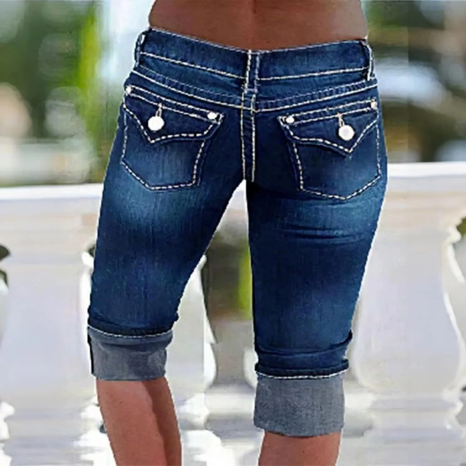 Denim Capri Pants for Women Skinny Ripped Low Rise Jeans with Pockets Casual Skinny Crop Denim Pants with Pockets