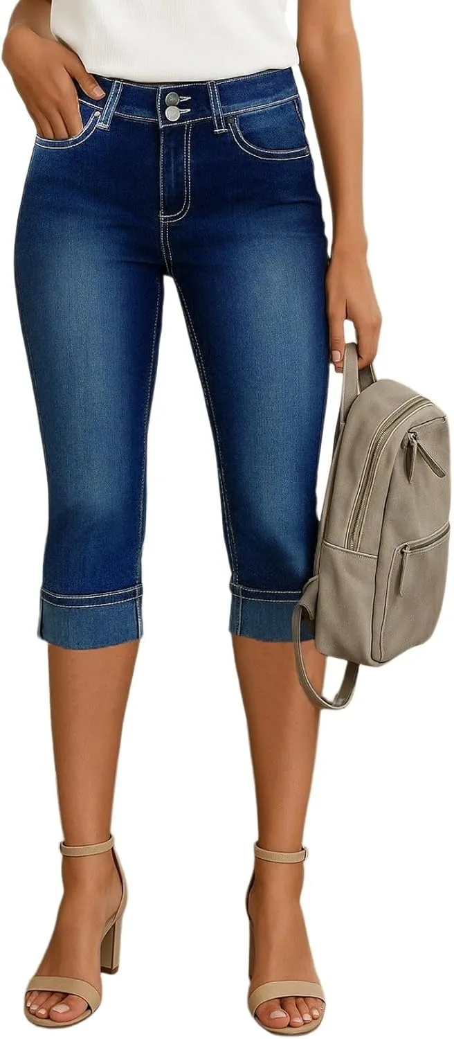 Denim Capri Pants for Women Skinny Ripped Low Rise Jeans with Pockets Casual Skinny Crop Denim Pants with Pockets