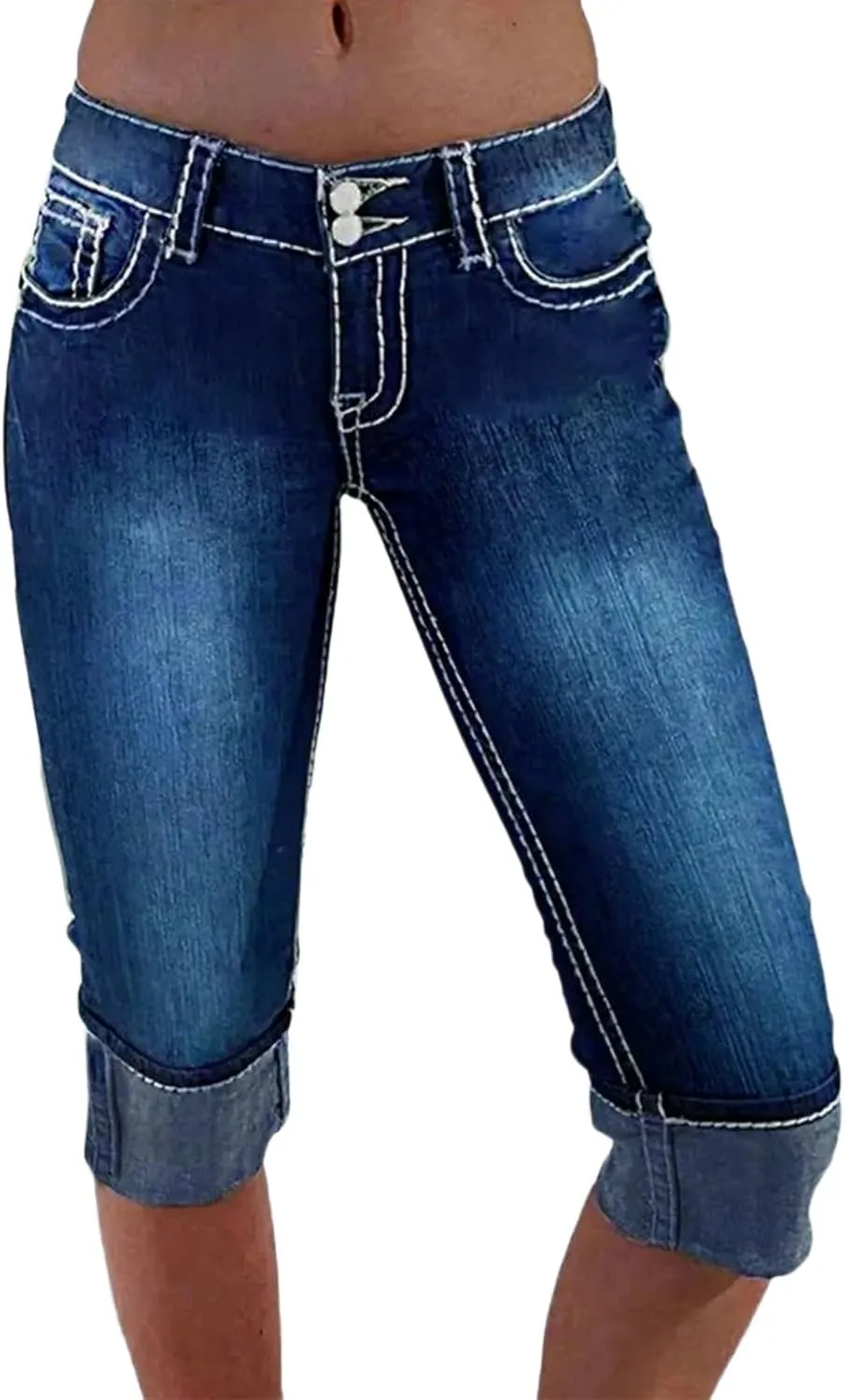 Denim Capri Pants for Women Skinny Ripped Low Rise Jeans with Pockets Casual Skinny Crop Denim Pants with Pockets