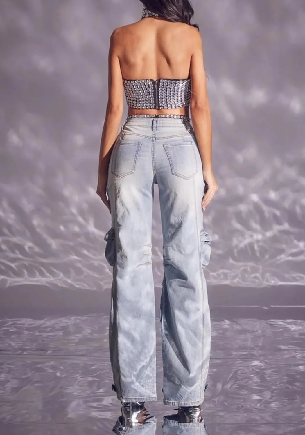 DINGANG Women's High Waisted Cargo Jeans Rhinestones Bling Stretchy Baggy Denim Pants with Flap Pockets