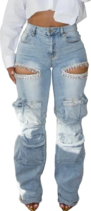 DINGANG Women's High Waisted Cargo Jeans Rhinestones Bling Stretchy Baggy Denim Pants with Flap Pockets