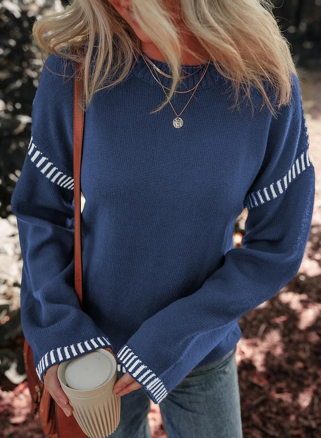 Dokotoo Sweaters for Women Fashion Solid Crewneck Loose Fit Long Sleeve Contrast Cable Knit Pullover Sweater Jumper Tops