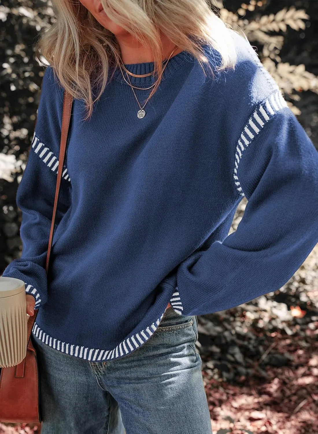 Dokotoo Sweaters for Women Fashion Solid Crewneck Loose Fit Long Sleeve Contrast Cable Knit Pullover Sweater Jumper Tops