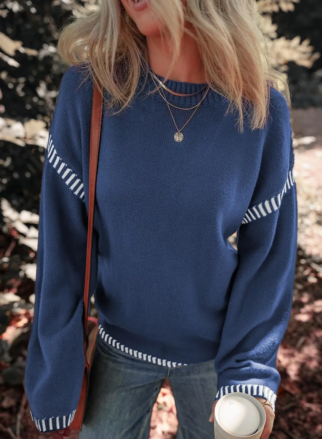 Dokotoo Sweaters for Women Fashion Solid Crewneck Loose Fit Long Sleeve Contrast Cable Knit Pullover Sweater Jumper Tops