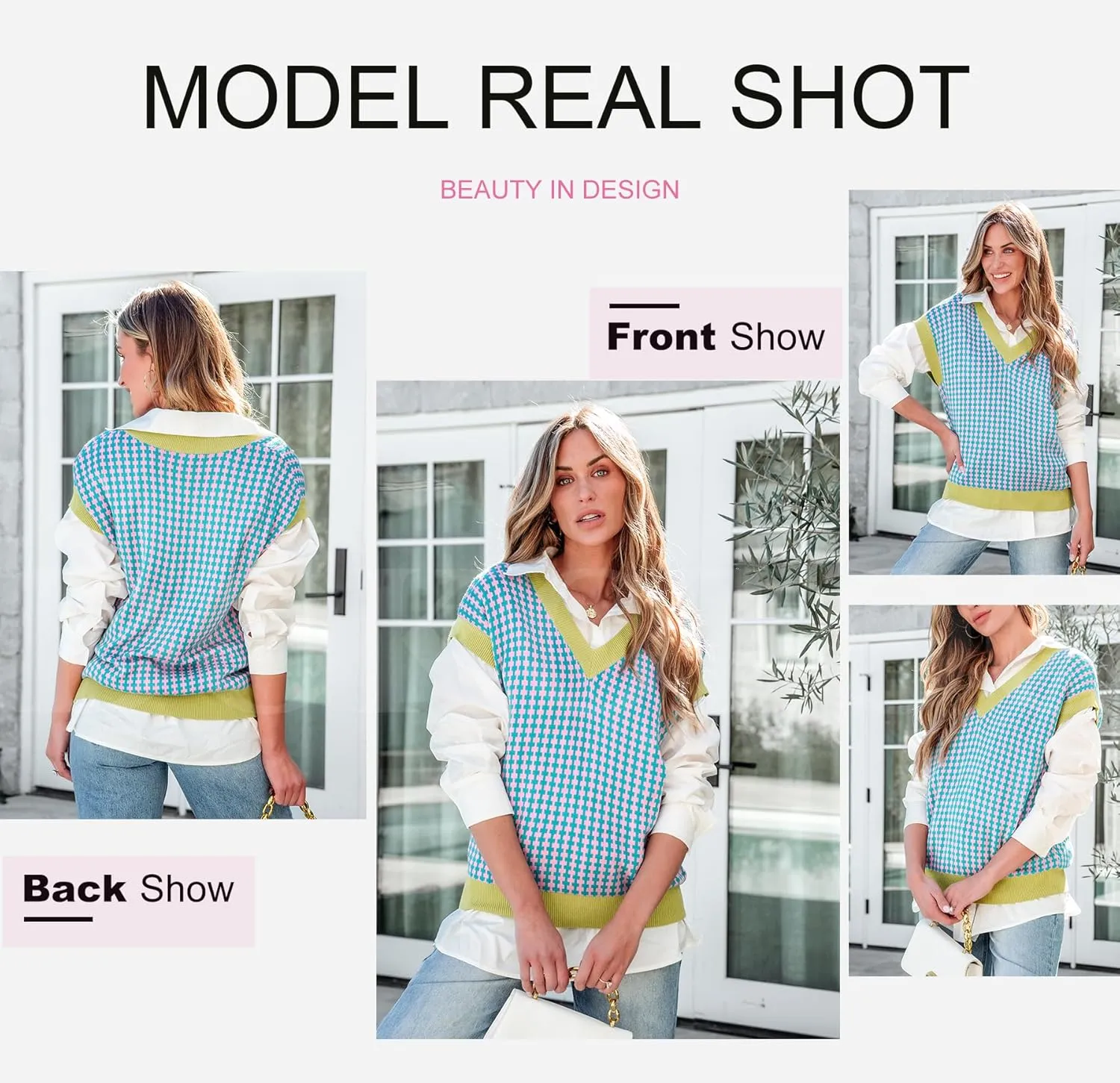 Dokotoo Womens Casual Summer Tops V Neck Short Sleeve Plaid Knit Vest Loose Fit Pullover Sweaters Blouses