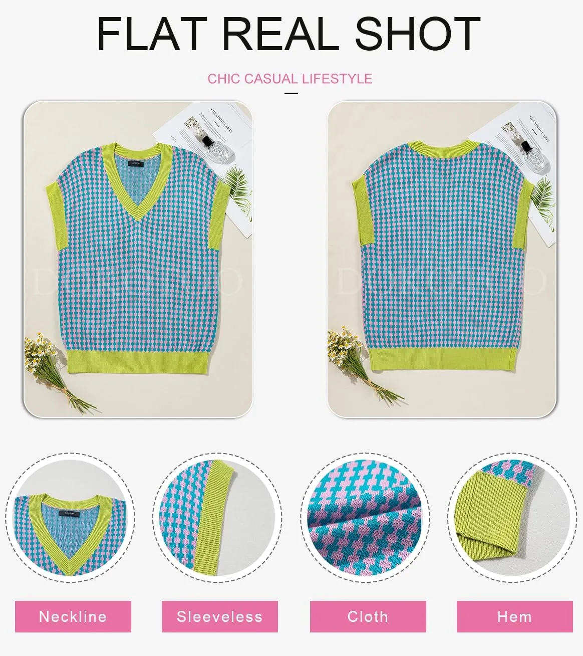 Dokotoo Womens Casual Summer Tops V Neck Short Sleeve Plaid Knit Vest Loose Fit Pullover Sweaters Blouses