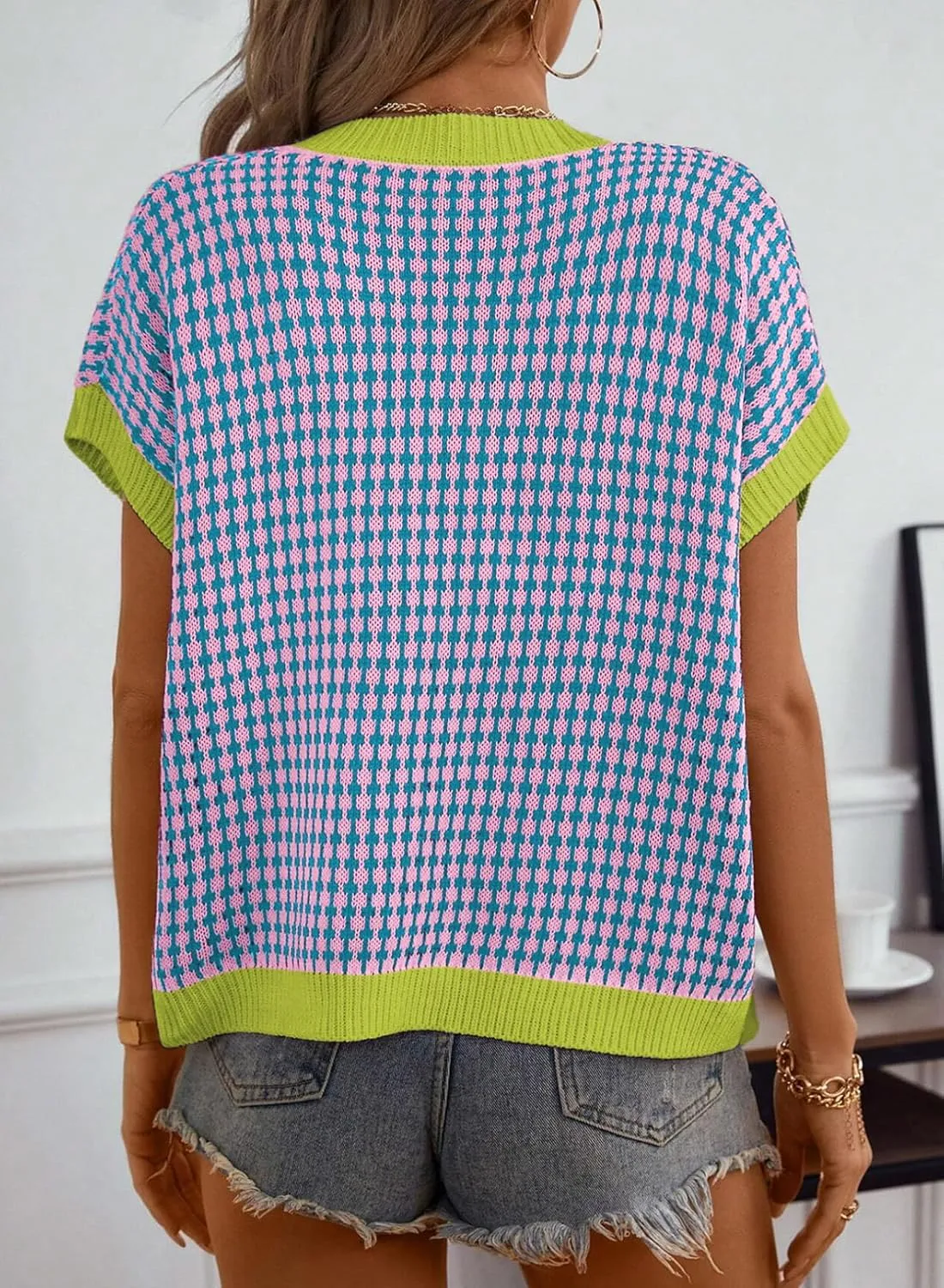 Dokotoo Womens Casual Summer Tops V Neck Short Sleeve Plaid Knit Vest Loose Fit Pullover Sweaters Blouses