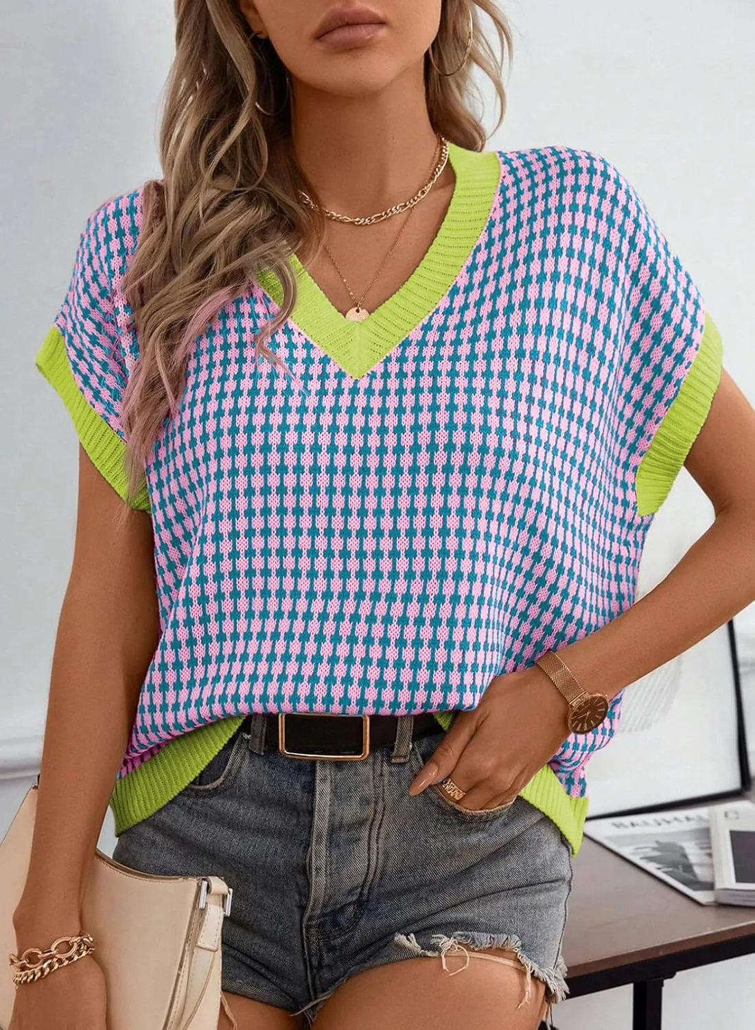Dokotoo Womens Casual Summer Tops V Neck Short Sleeve Plaid Knit Vest Loose Fit Pullover Sweaters Blouses