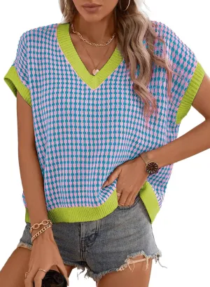 Dokotoo Womens Casual Summer Tops V Neck Short Sleeve Plaid Knit Vest Loose Fit Pullover Sweaters Blouses