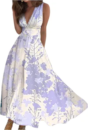 Dresses for Women 2024 Wrap V Neck Flowy Ruched Maxi Dress Sleeveless Floral Printed Beach Dresses Boho Sundresses