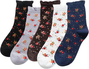DXYAKY 5 Pairs Women Flower Pattern Ankle Socks Thin Cotton Cottagecore Casual Crew Socks Vintage Novelty Dress Socks