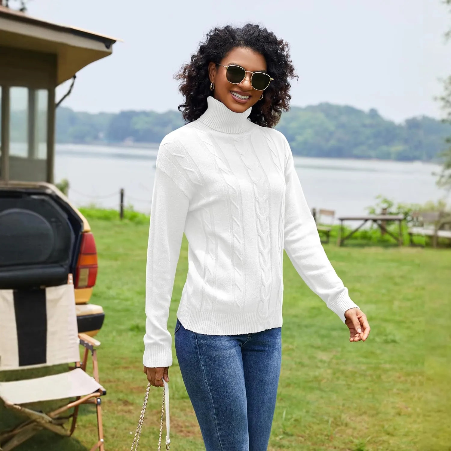 EANUER Women's Long Sleeve Turtleneck Cable Knit Pullover Lightweight Ribbed Sweaters