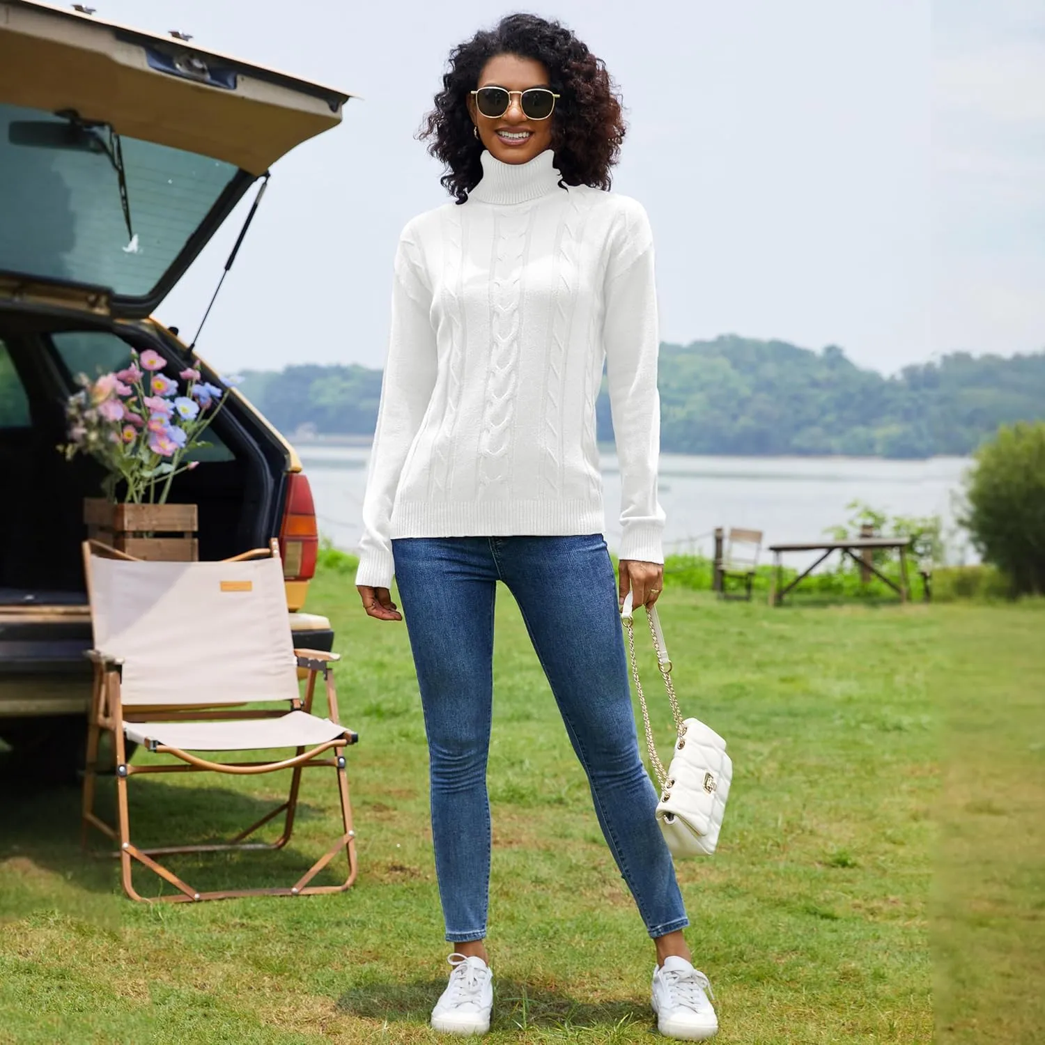 EANUER Women's Long Sleeve Turtleneck Cable Knit Pullover Lightweight Ribbed Sweaters