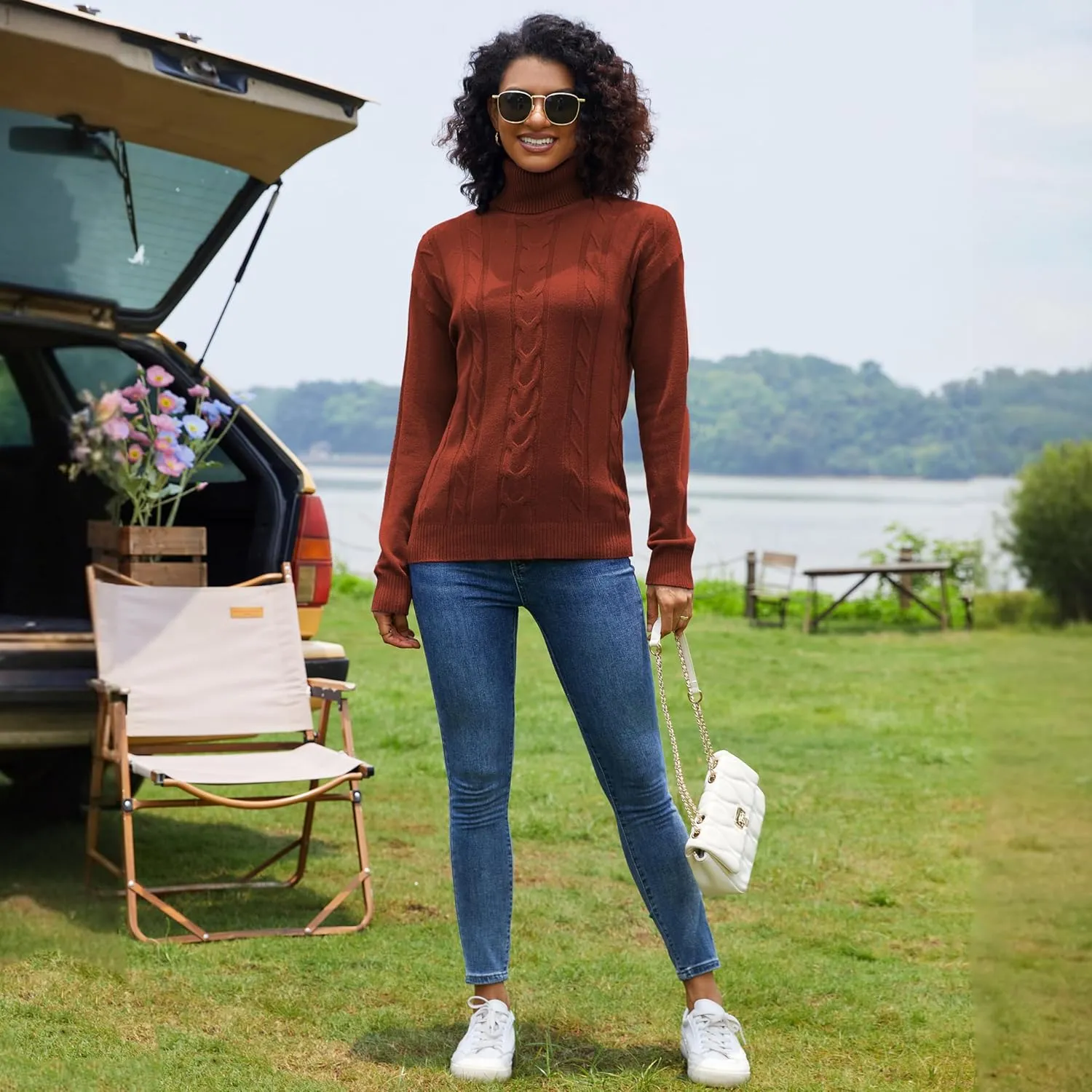 EANUER Women's Long Sleeve Turtleneck Cable Knit Pullover Lightweight Ribbed Sweaters