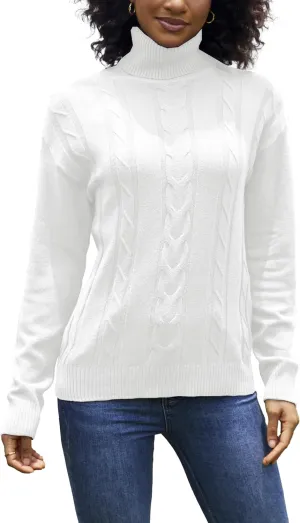 EANUER Women's Long Sleeve Turtleneck Cable Knit Pullover Lightweight Ribbed Sweaters