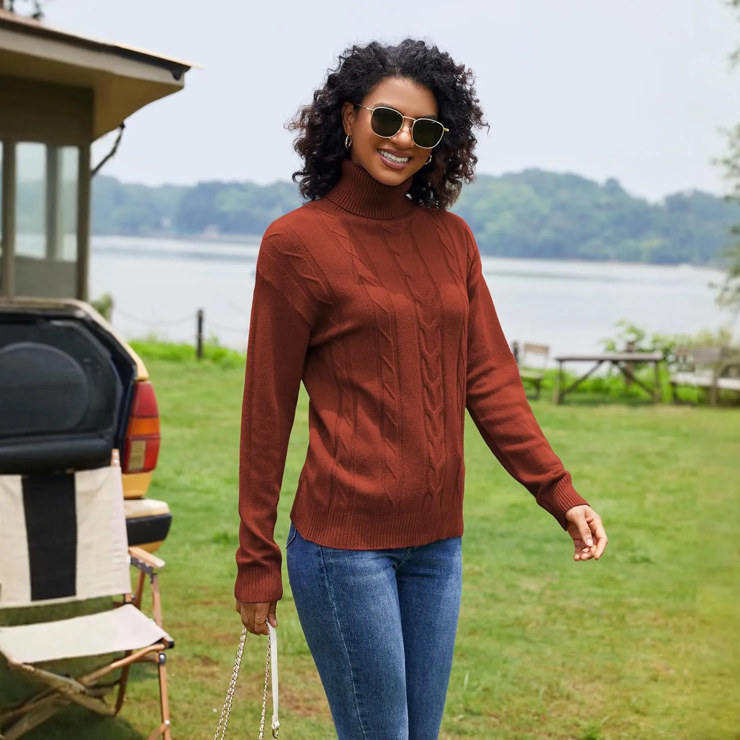 EANUER Women's Long Sleeve Turtleneck Cable Knit Pullover Lightweight Ribbed Sweaters