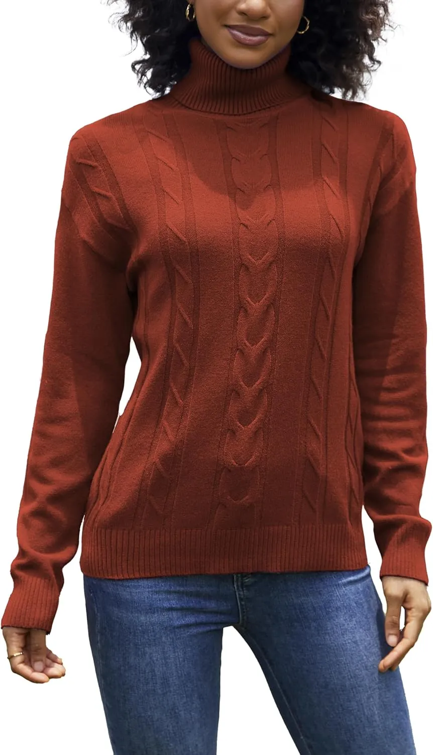 EANUER Women's Long Sleeve Turtleneck Cable Knit Pullover Lightweight Ribbed Sweaters