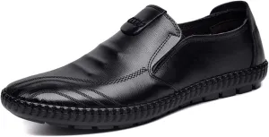Easy to Put and Remove Shoes Smoking Loafer for Men Genuine Leather Stitching Details Round Toe Breathable Lightweight Flat Heel Resistant Anti-Slip Flexible Driving for All Occasions (Color : Black