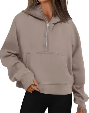 ebossy Womens Half Zip Sweatshirt Cropped Fleece Hoodies Long Sleeve Thumb Hole Oversized Pullovers with Pockets