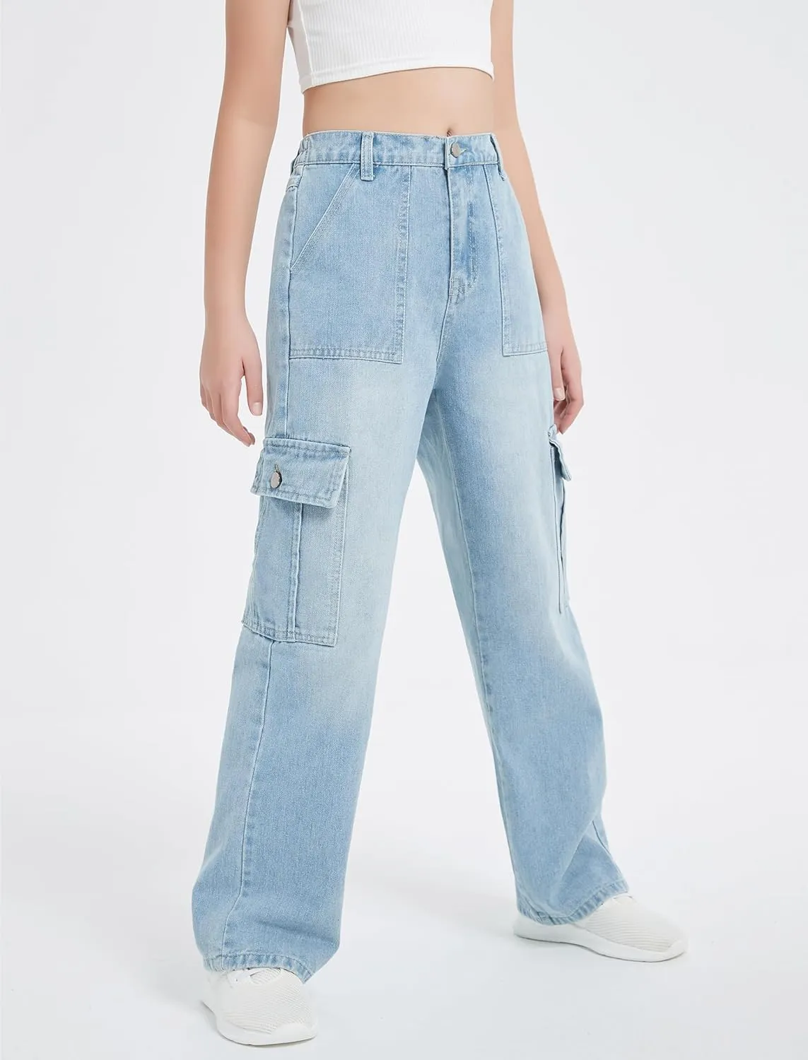 EXARUS Girls Jeans Cargo Pants Wide Leg Baggy High Elastic Waistband Kids Straight Denim Pant with Pockets Youth 8-14Y