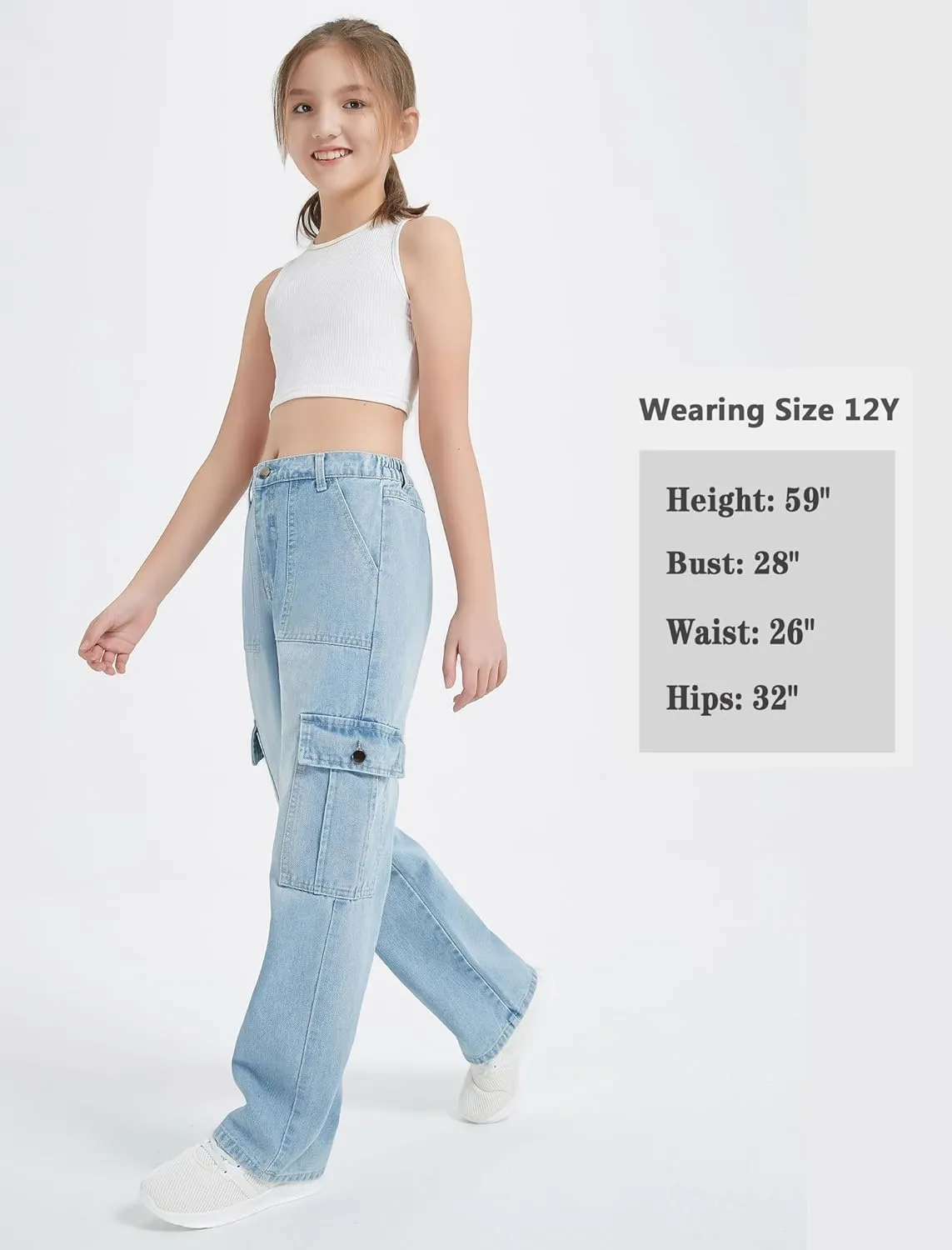EXARUS Girls Jeans Cargo Pants Wide Leg Baggy High Elastic Waistband Kids Straight Denim Pant with Pockets Youth 8-14Y