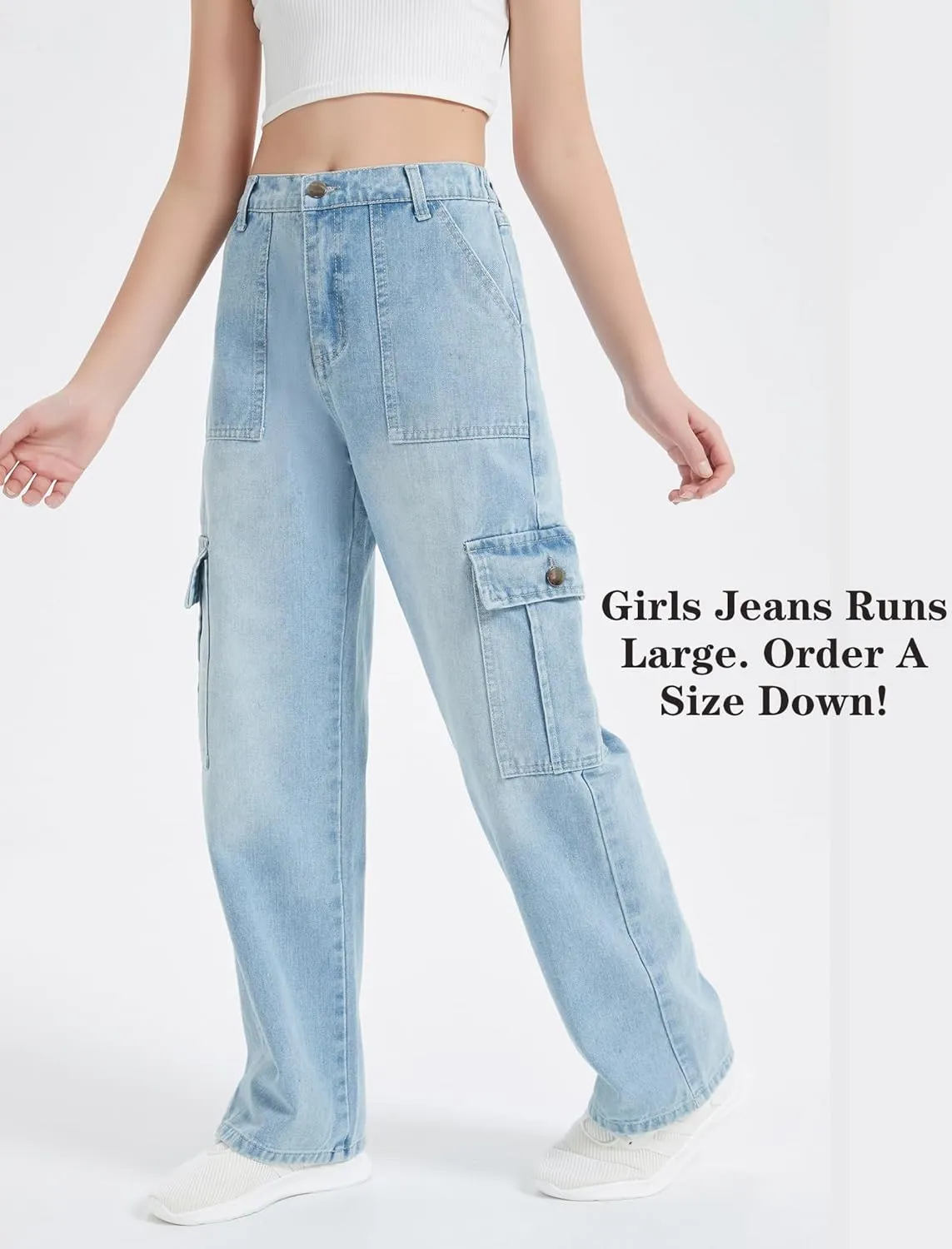 EXARUS Girls Jeans Cargo Pants Wide Leg Baggy High Elastic Waistband Kids Straight Denim Pant with Pockets Youth 8-14Y