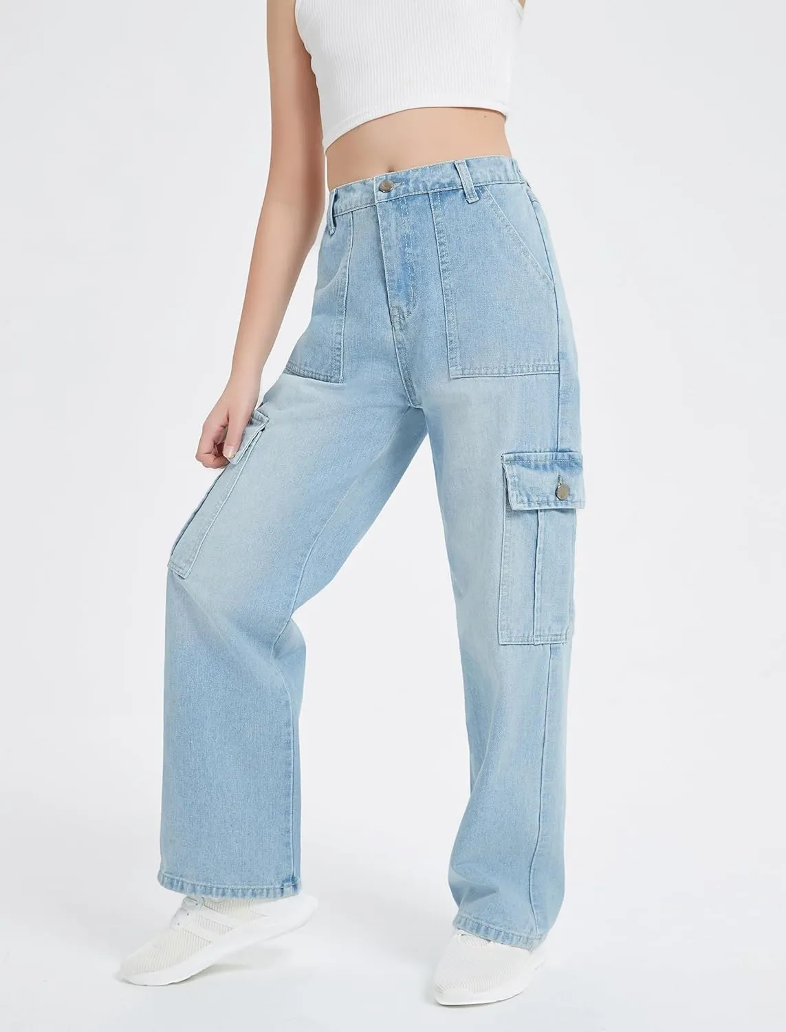 EXARUS Girls Jeans Cargo Pants Wide Leg Baggy High Elastic Waistband Kids Straight Denim Pant with Pockets Youth 8-14Y