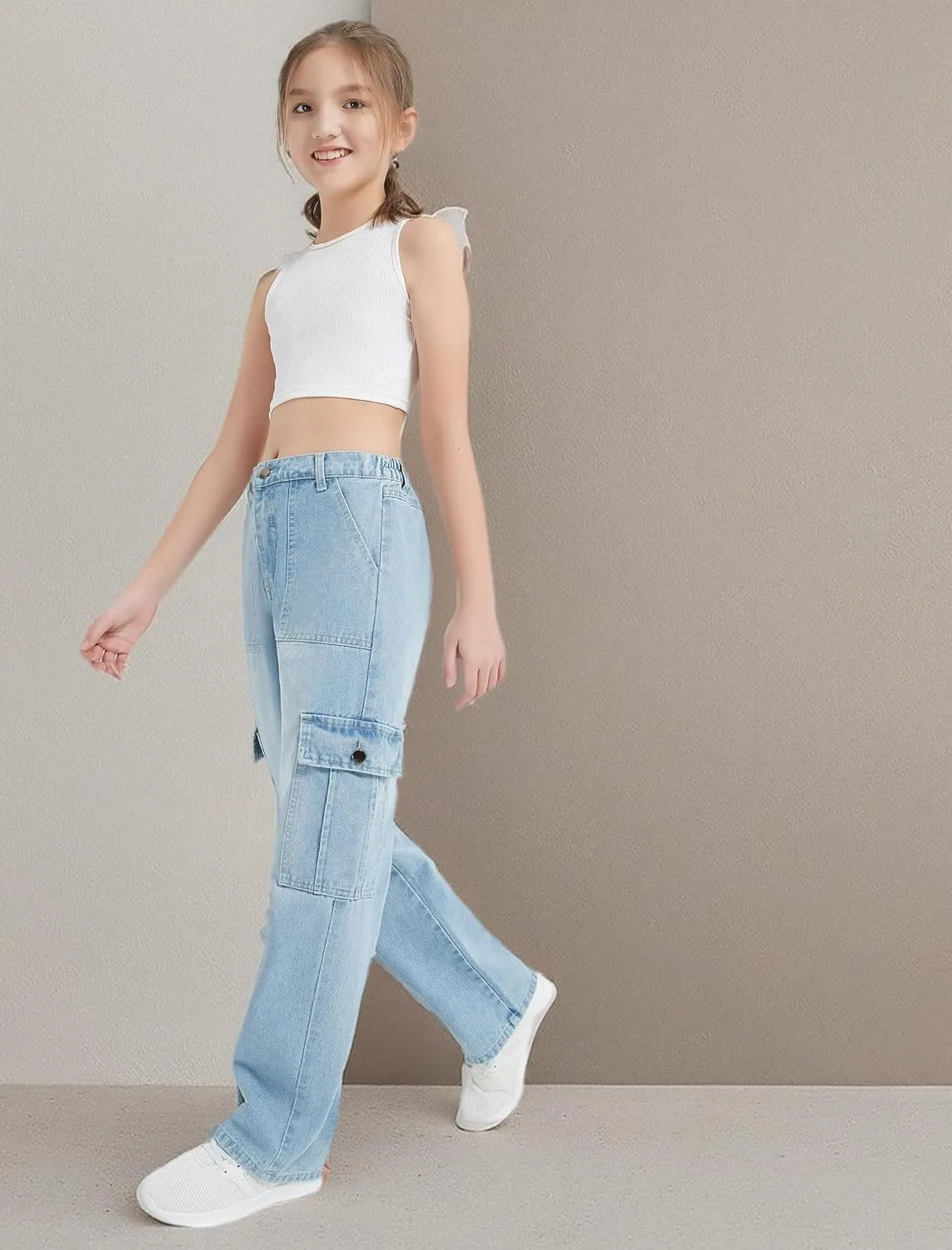EXARUS Girls Jeans Cargo Pants Wide Leg Baggy High Elastic Waistband Kids Straight Denim Pant with Pockets Youth 8-14Y