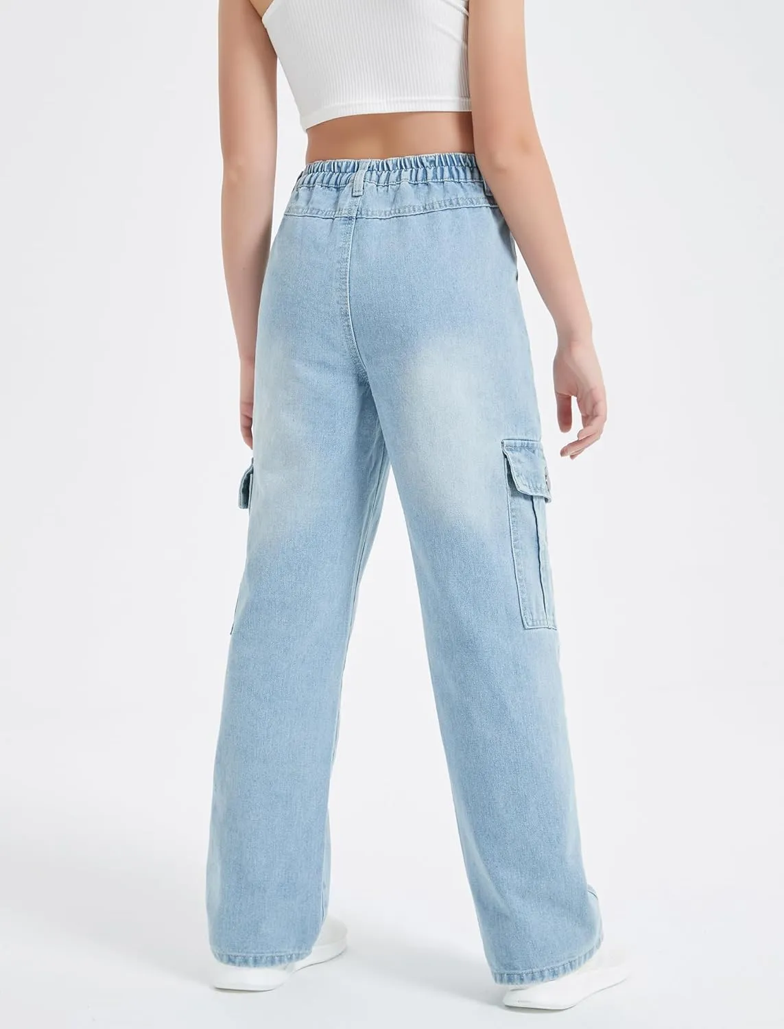 EXARUS Girls Jeans Cargo Pants Wide Leg Baggy High Elastic Waistband Kids Straight Denim Pant with Pockets Youth 8-14Y
