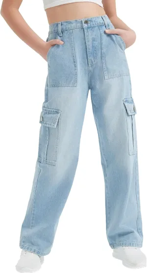 EXARUS Girls Jeans Cargo Pants Wide Leg Baggy High Elastic Waistband Kids Straight Denim Pant with Pockets Youth 8-14Y