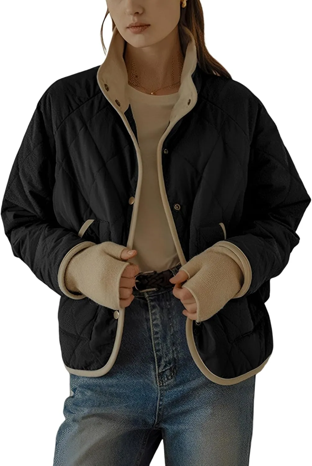 Faleave Women's Quilted Jacket Button Down Puffer Jacket Lightweight Coats Padded Outwear with Pockets