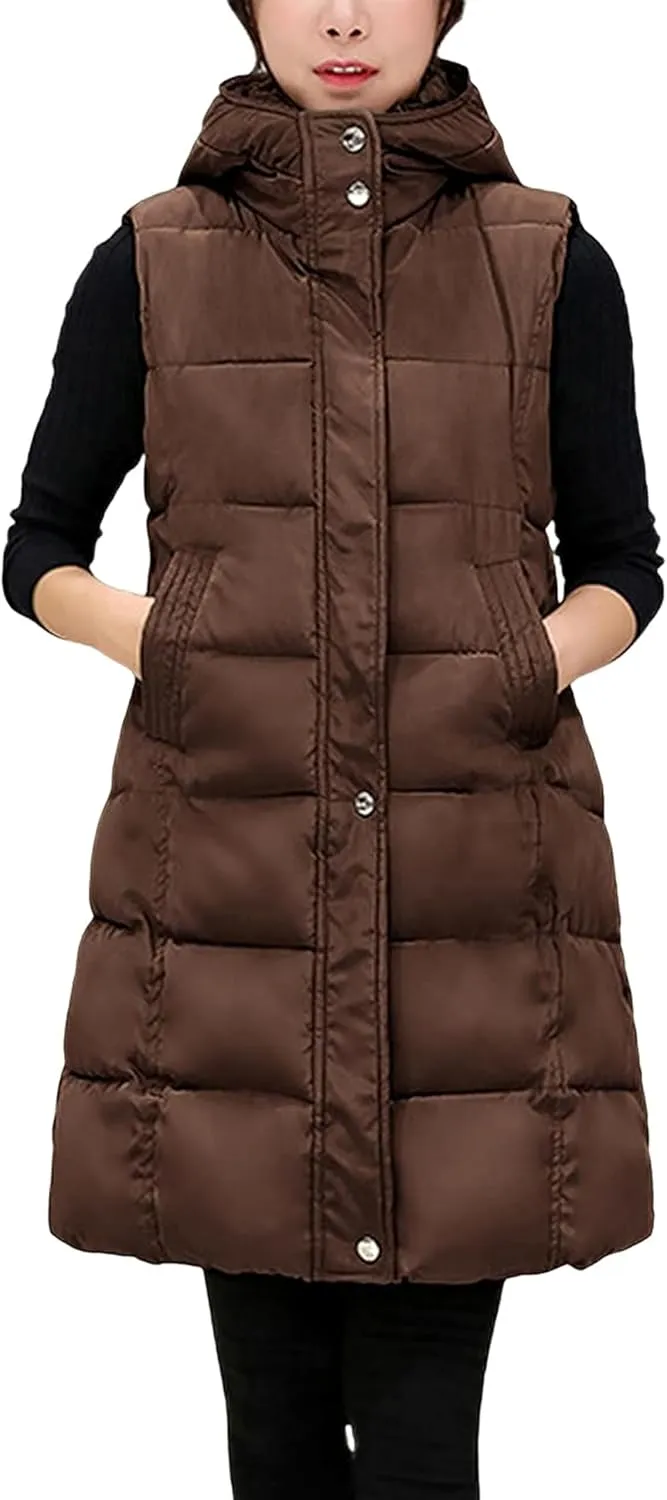 Fiona Jolin Long Puffer Vest Women Sleeveless Hooded Puffy Jacket Coat Outerwear Vest Gilet