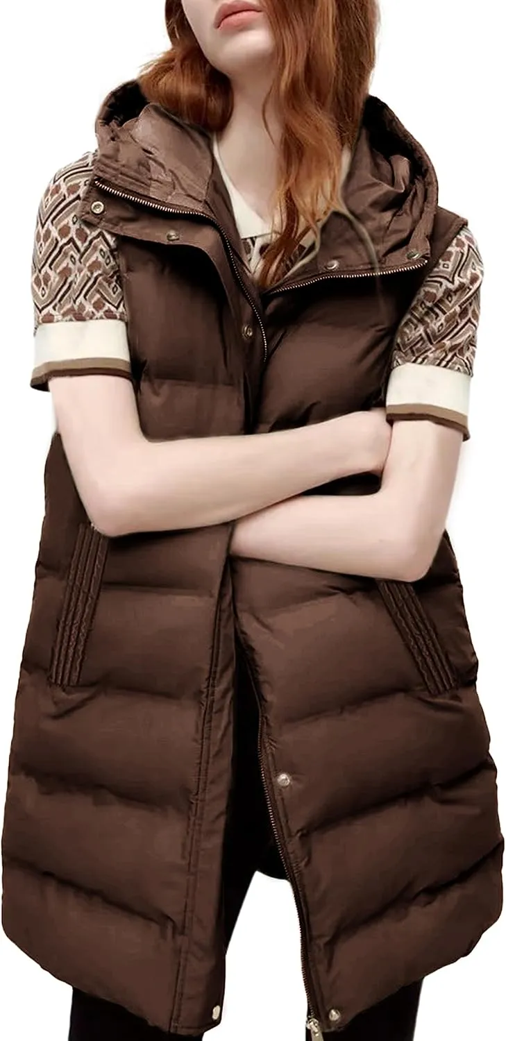 Fiona Jolin Long Puffer Vest Women Sleeveless Hooded Puffy Jacket Coat Outerwear Vest Gilet