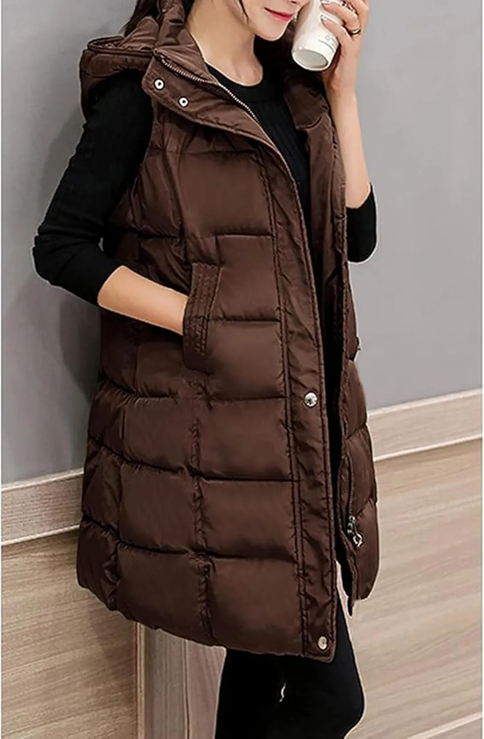 Fiona Jolin Long Puffer Vest Women Sleeveless Hooded Puffy Jacket Coat Outerwear Vest Gilet