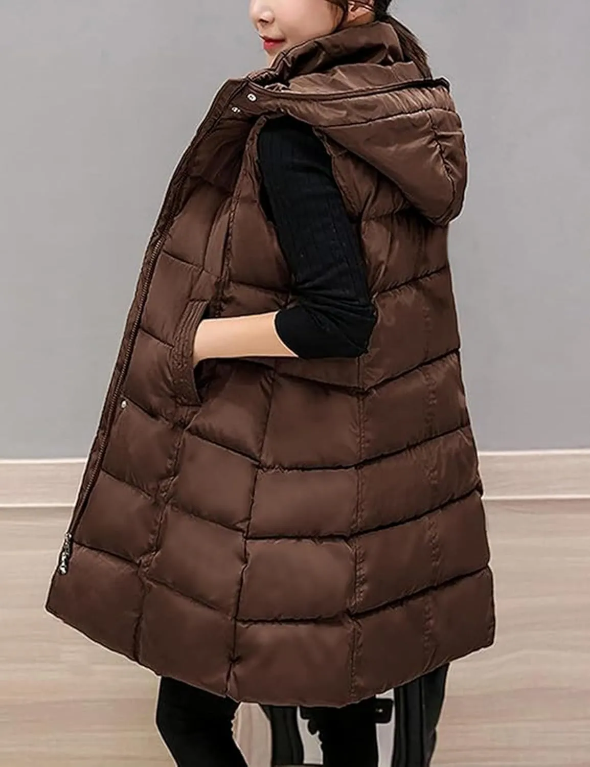 Fiona Jolin Long Puffer Vest Women Sleeveless Hooded Puffy Jacket Coat Outerwear Vest Gilet
