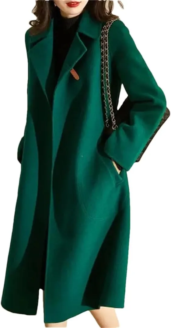 Fjnbbiot Autumn And Winter Thick Imitation Woolen Mid-Length Cloak Coat Notched Collar Double Breasted Wool Blend Over Coat