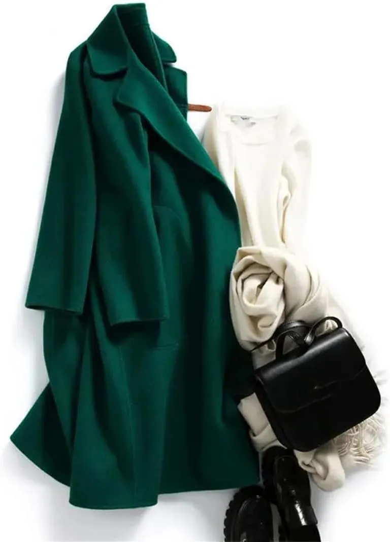 Fjnbbiot Autumn And Winter Thick Imitation Woolen Mid-Length Cloak Coat Notched Collar Double Breasted Wool Blend Over Coat