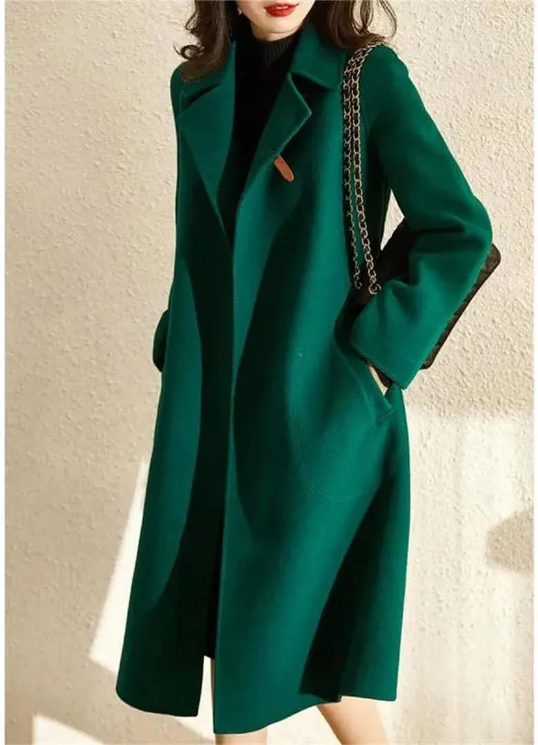 Fjnbbiot Autumn And Winter Thick Imitation Woolen Mid-Length Cloak Coat Notched Collar Double Breasted Wool Blend Over Coat