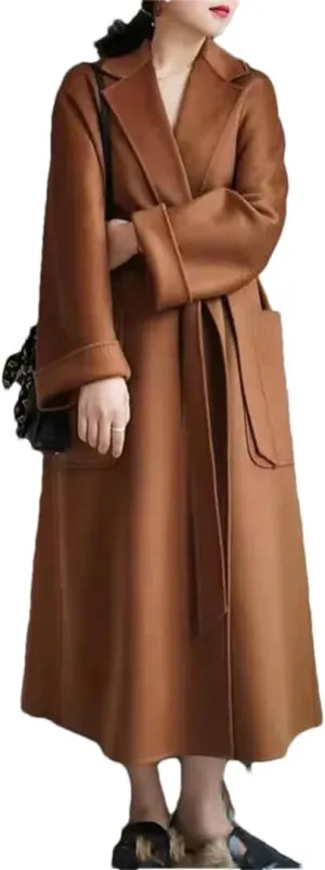 Fjnbbiot Double-Sided Wool Coat Women Long Autumn Winter Coat Elegant Notched Collar Double Breasted Wool Blend Over Coat