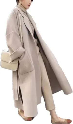 Fjnbbiot Elegant Woolen Coat Women Cardigan Thicken Autumn Winter Blend Coats Belt Long Overcoats