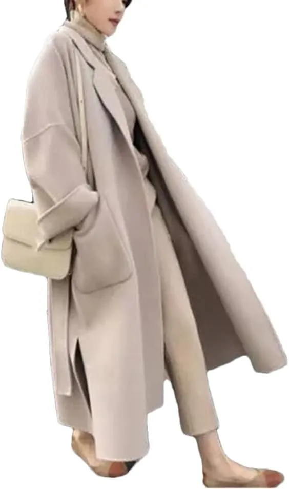 Fjnbbiot Elegant Woolen Coat Women Cardigan Thicken Autumn Winter Blend Coats Belt Long Overcoats