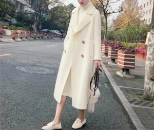 Fjnbbiot Vintage Female Cashmere Coats Autumn Long Notched Collar Double Breasted Loose Wool Blend Over Coat
