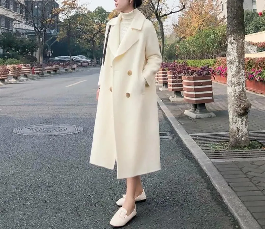 Fjnbbiot Vintage Female Cashmere Coats Autumn Long Notched Collar Double Breasted Loose Wool Blend Over Coat