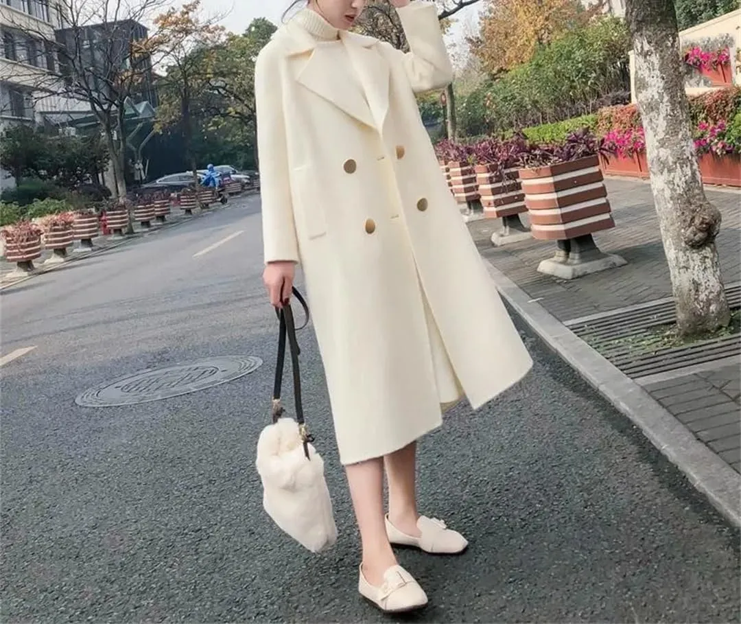 Fjnbbiot Vintage Female Cashmere Coats Autumn Long Notched Collar Double Breasted Loose Wool Blend Over Coat