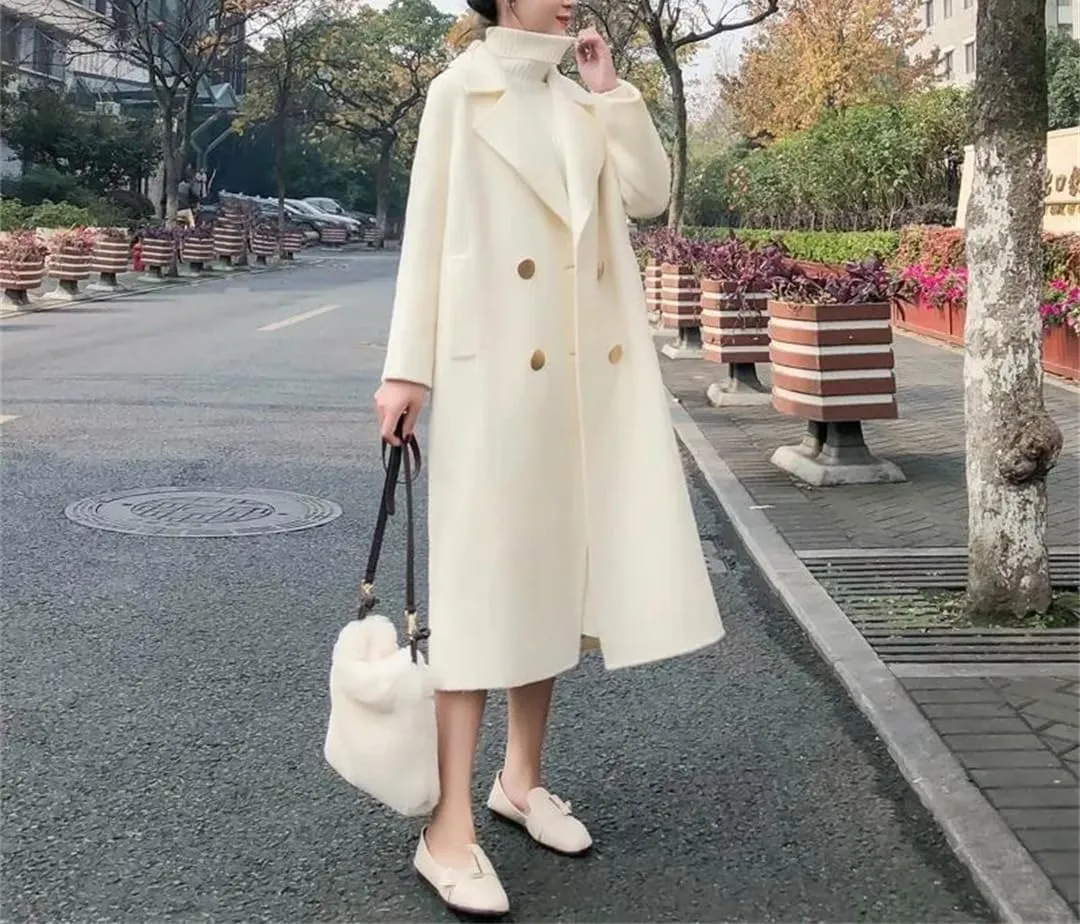 Fjnbbiot Vintage Female Cashmere Coats Autumn Long Notched Collar Double Breasted Loose Wool Blend Over Coat