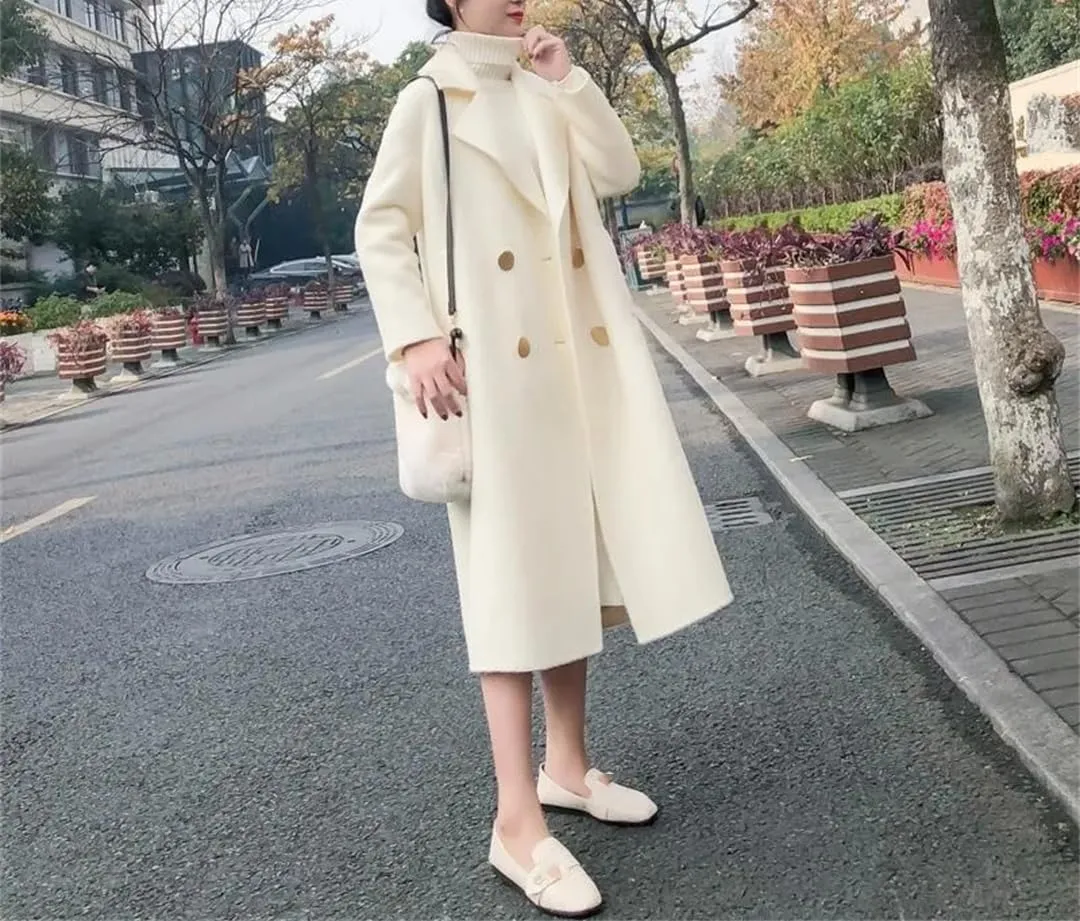 Fjnbbiot Vintage Female Cashmere Coats Autumn Long Notched Collar Double Breasted Loose Wool Blend Over Coat