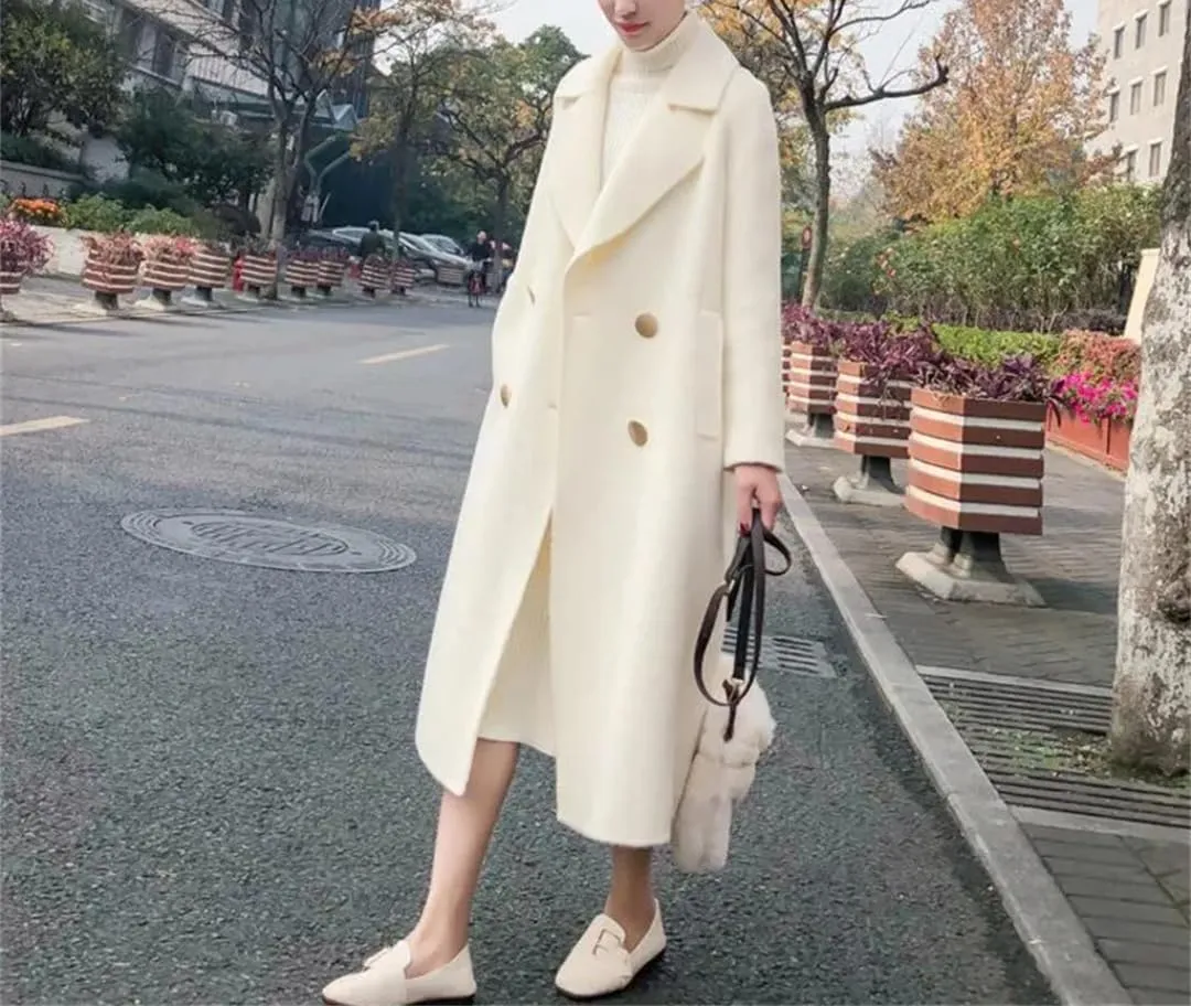 Fjnbbiot Vintage Female Cashmere Coats Autumn Long Notched Collar Double Breasted Loose Wool Blend Over Coat
