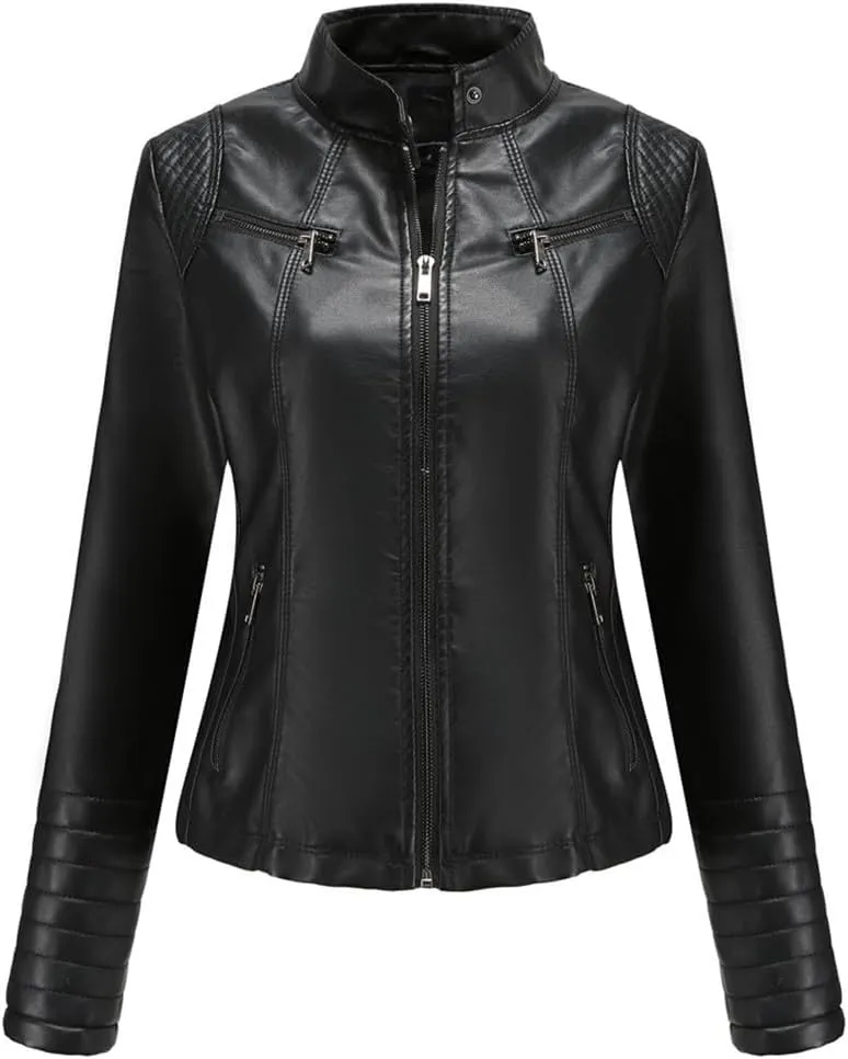 Fjnbbiot Women Moto Biker Zipper Jacket Autumn Spring Motorcycle Faux Leather Jacket